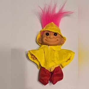 Vintage Troll Doll with Pink Hair and Yellow Raincoat